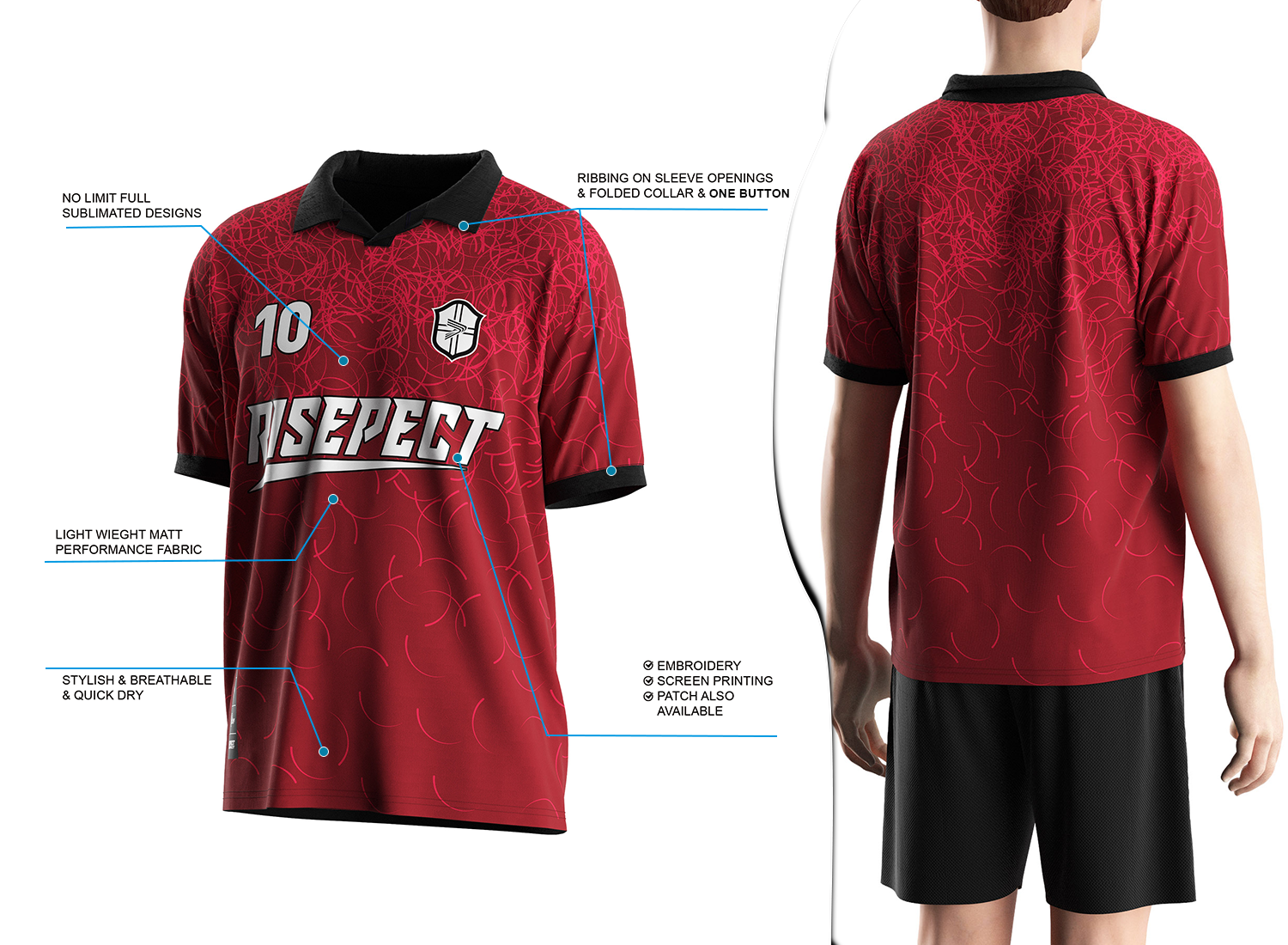 Vintage soccer jersey with a single-button ribbed polo collar design shown on the left with feature highlights, and a male model wearing the jersey from the back view on the right.