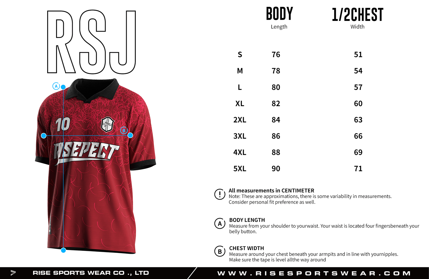 Adult size chart for the vintage soccer shirt style jersey with single-button & polo ribbed collar, displaying garment length and half-chest width measurements.