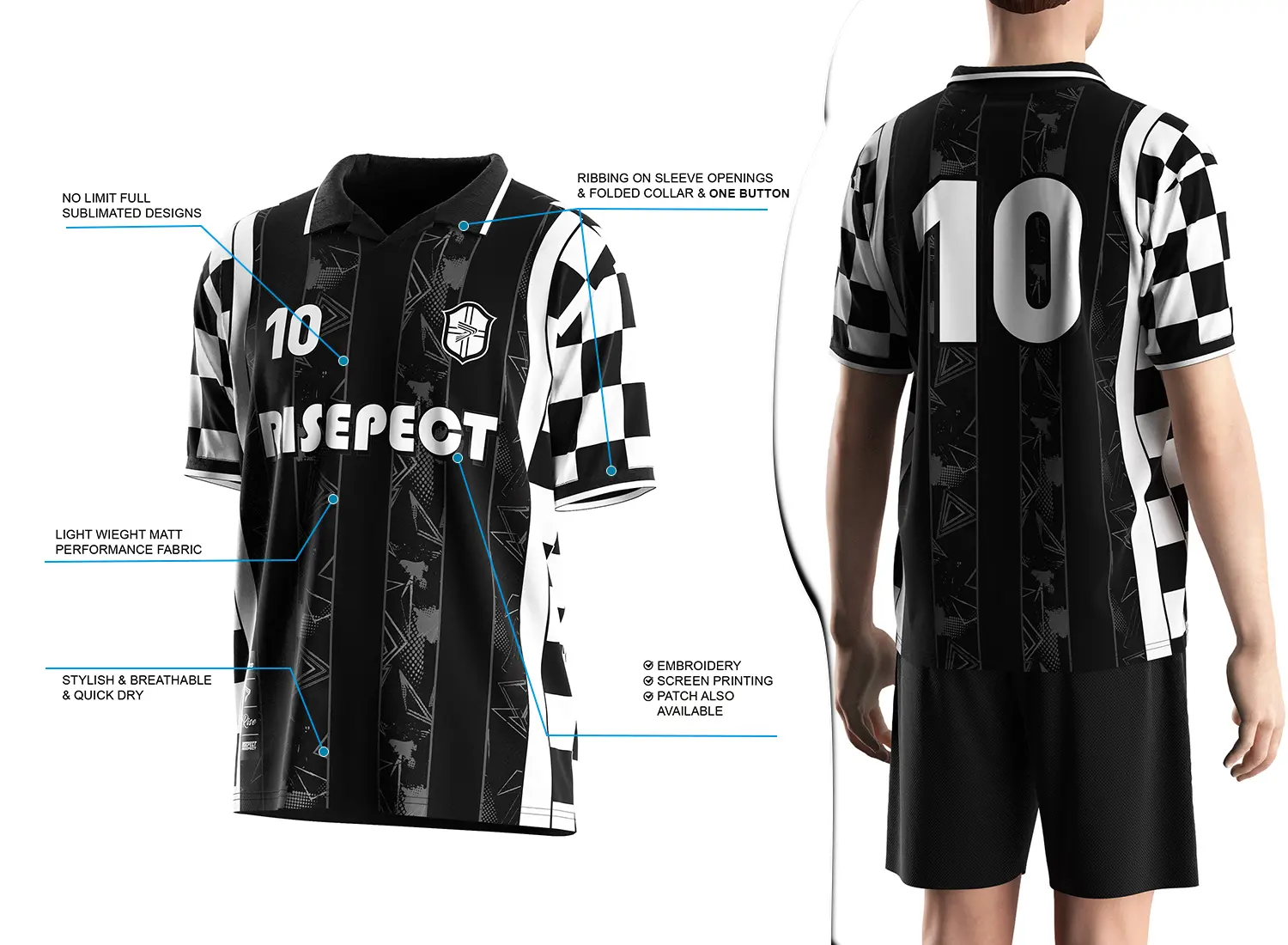 Vintage soccer jersey with a single-button ribbed polo collar design shown on the left with feature highlights, and a male model wearing the jersey from the back view on the right.