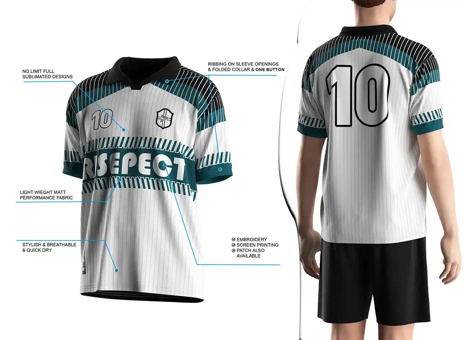 Vintage soccer jersey with a single-button ribbed polo collar design shown on the left with feature highlights, and a male model wearing the jersey from the back view on the right.