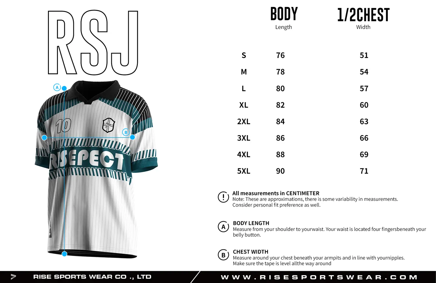 Adult size chart for the vintage soccer shirt style jersey with single-button & polo ribbed collar, displaying garment length and half-chest width measurements.
