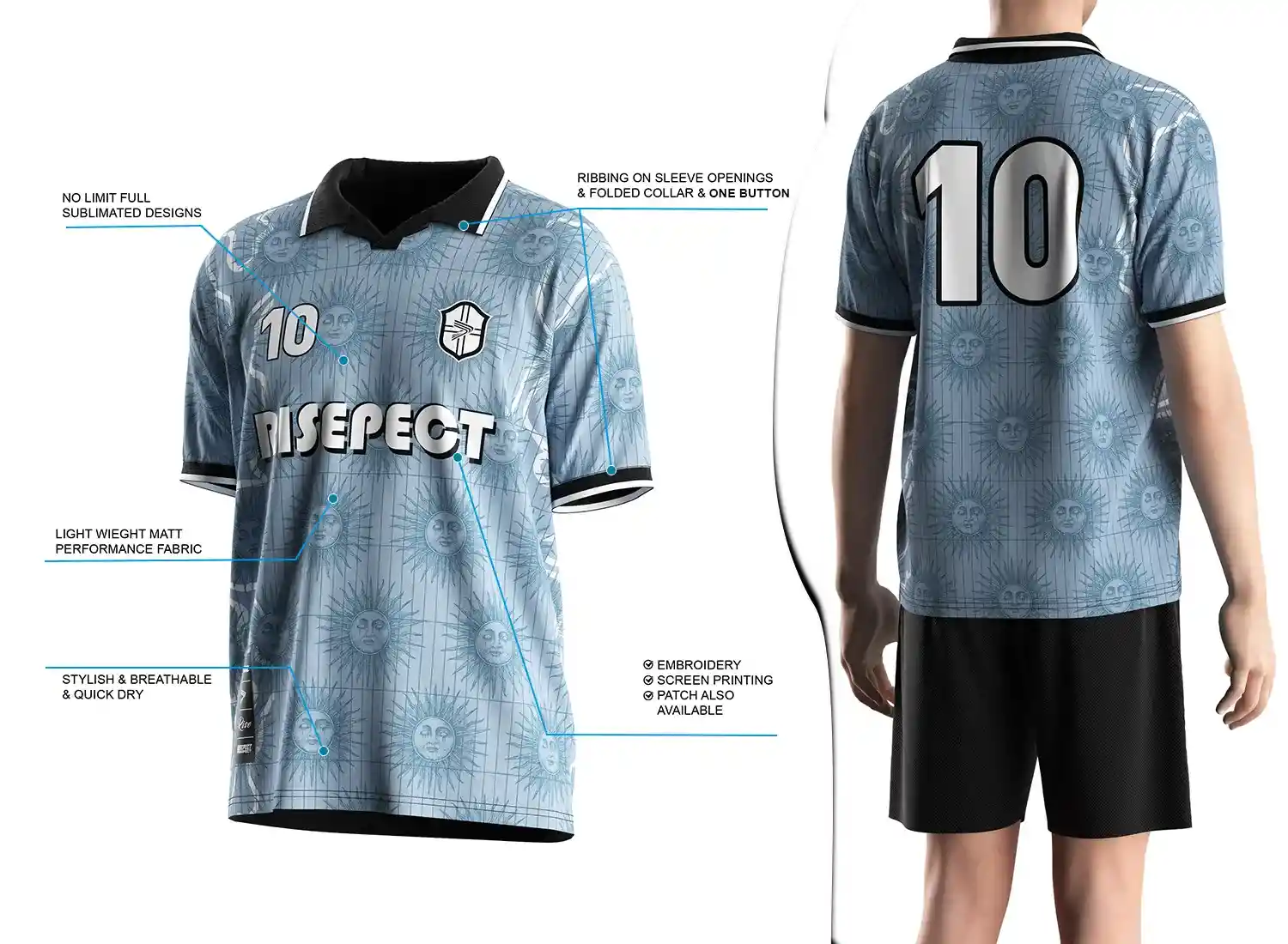 Vintage soccer jersey with a single-button ribbed polo collar design shown on the left with feature highlights, and a male model wearing the jersey from the back view on the right.