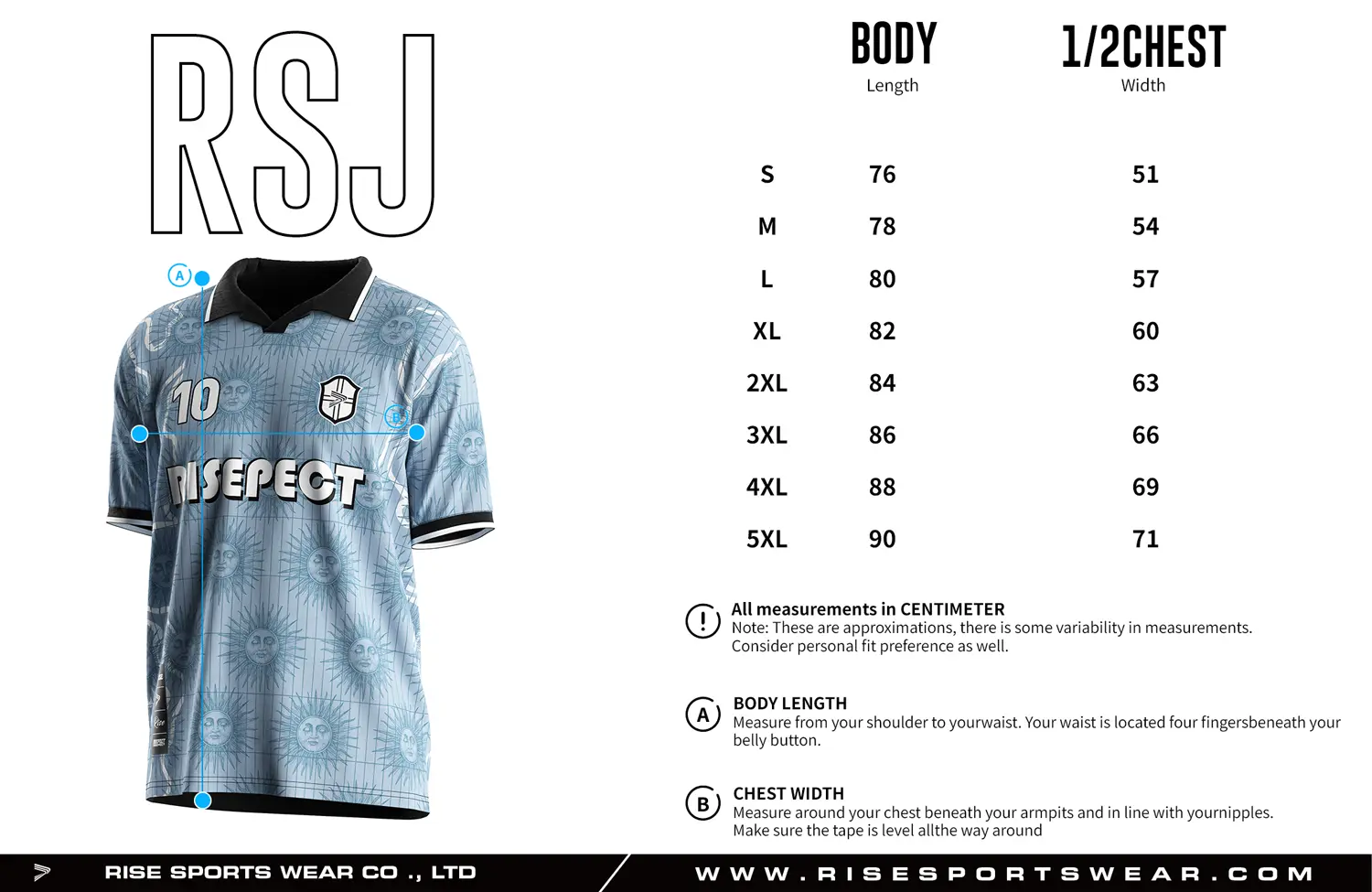 Adult size chart for the vintage soccer shirt style jersey with single-button & polo ribbed collar, displaying garment length and half-chest width measurements.