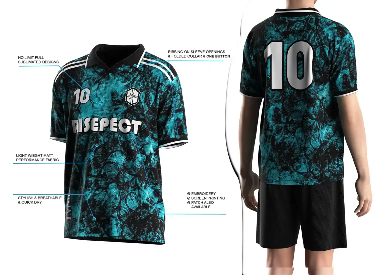 Vintage soccer jersey with a single-button ribbed polo collar design shown on the left with feature highlights, and a male model wearing the jersey from the back view on the right.