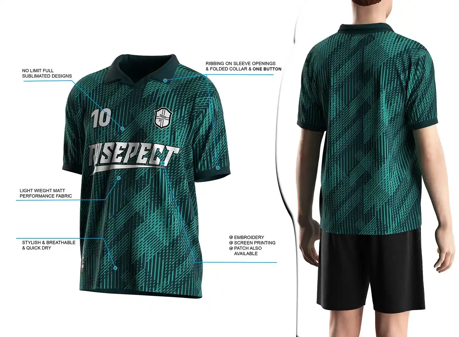 Vintage soccer jersey with a single-button ribbed polo collar design shown on the left with feature highlights, and a male model wearing the jersey from the back view on the right.