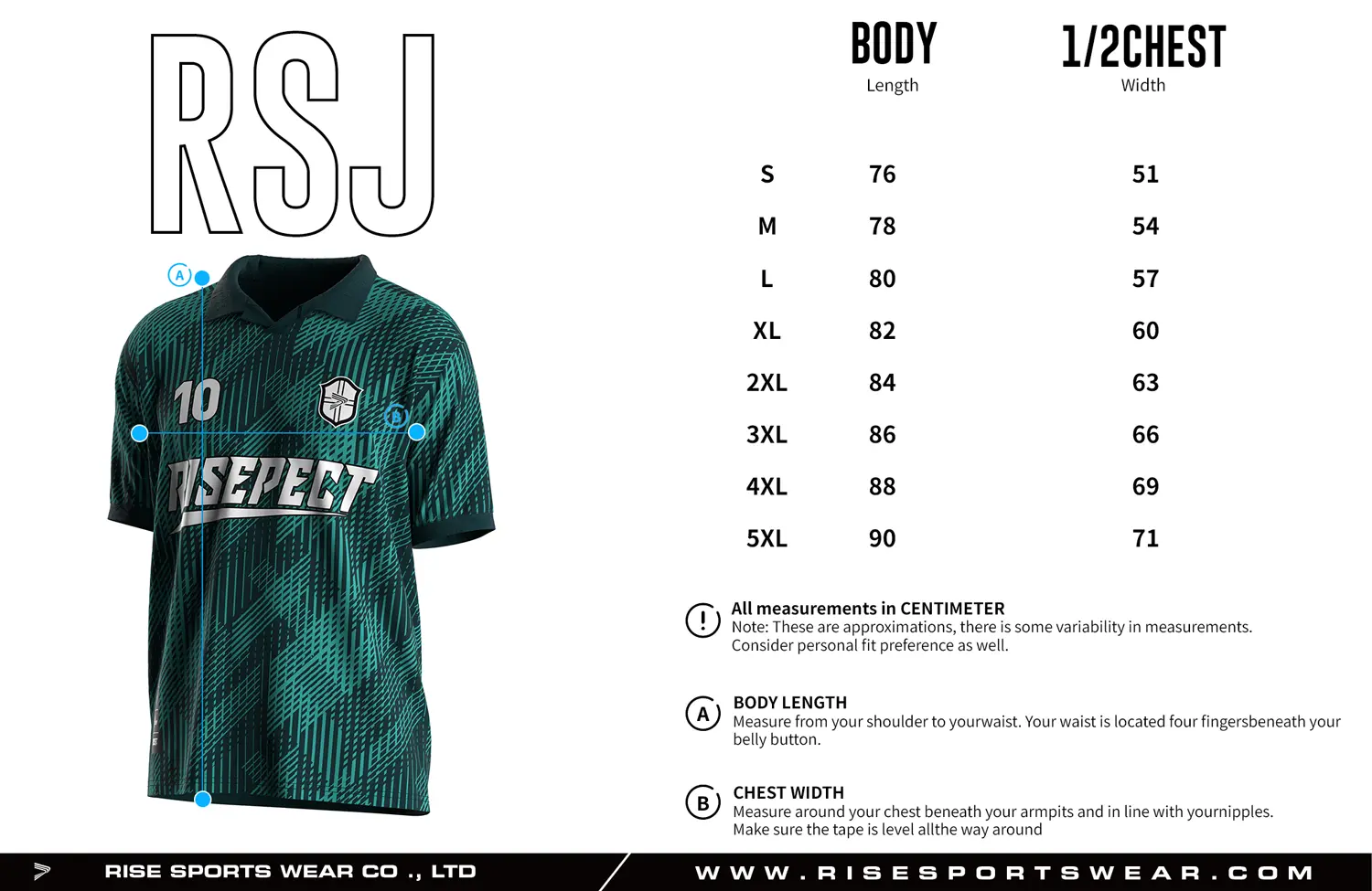 Adult size chart for the vintage soccer shirt style jersey with single-button & polo ribbed collar, displaying garment length and half-chest width measurements.