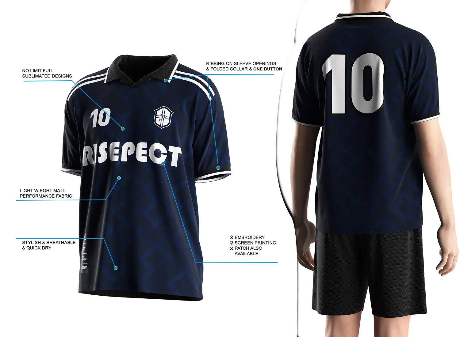 Vintage soccer jersey with a single-button ribbed polo collar design shown on the left with feature highlights, and a male model wearing the jersey from the back view on the right.