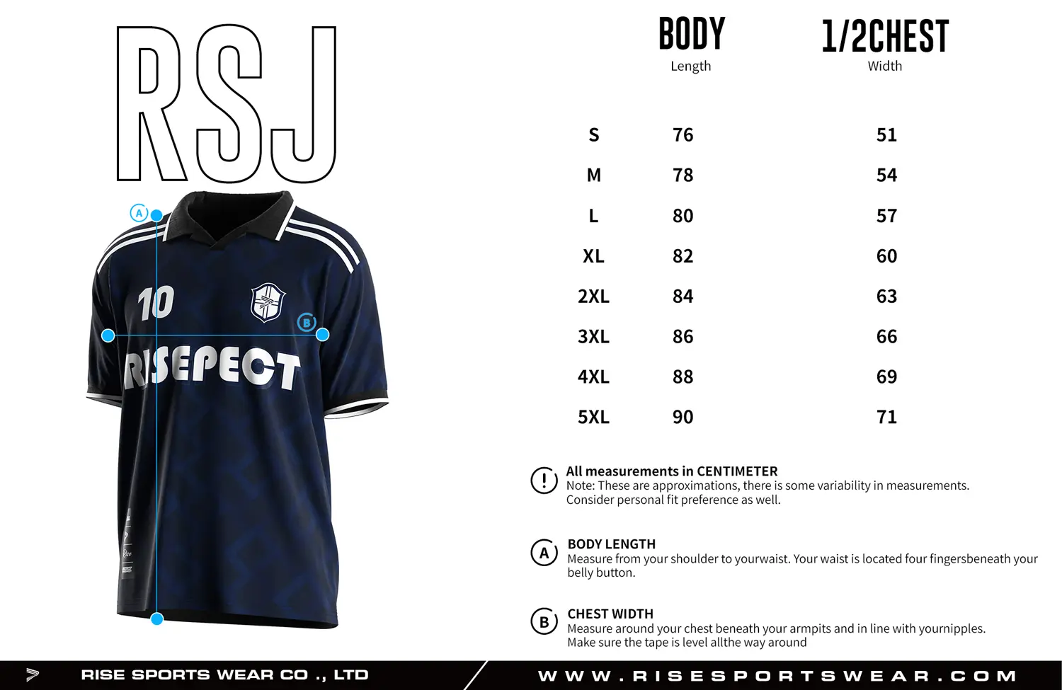 Adult size chart for the vintage soccer shirt style jersey with single-button & polo ribbed collar, displaying garment length and half-chest width measurements.