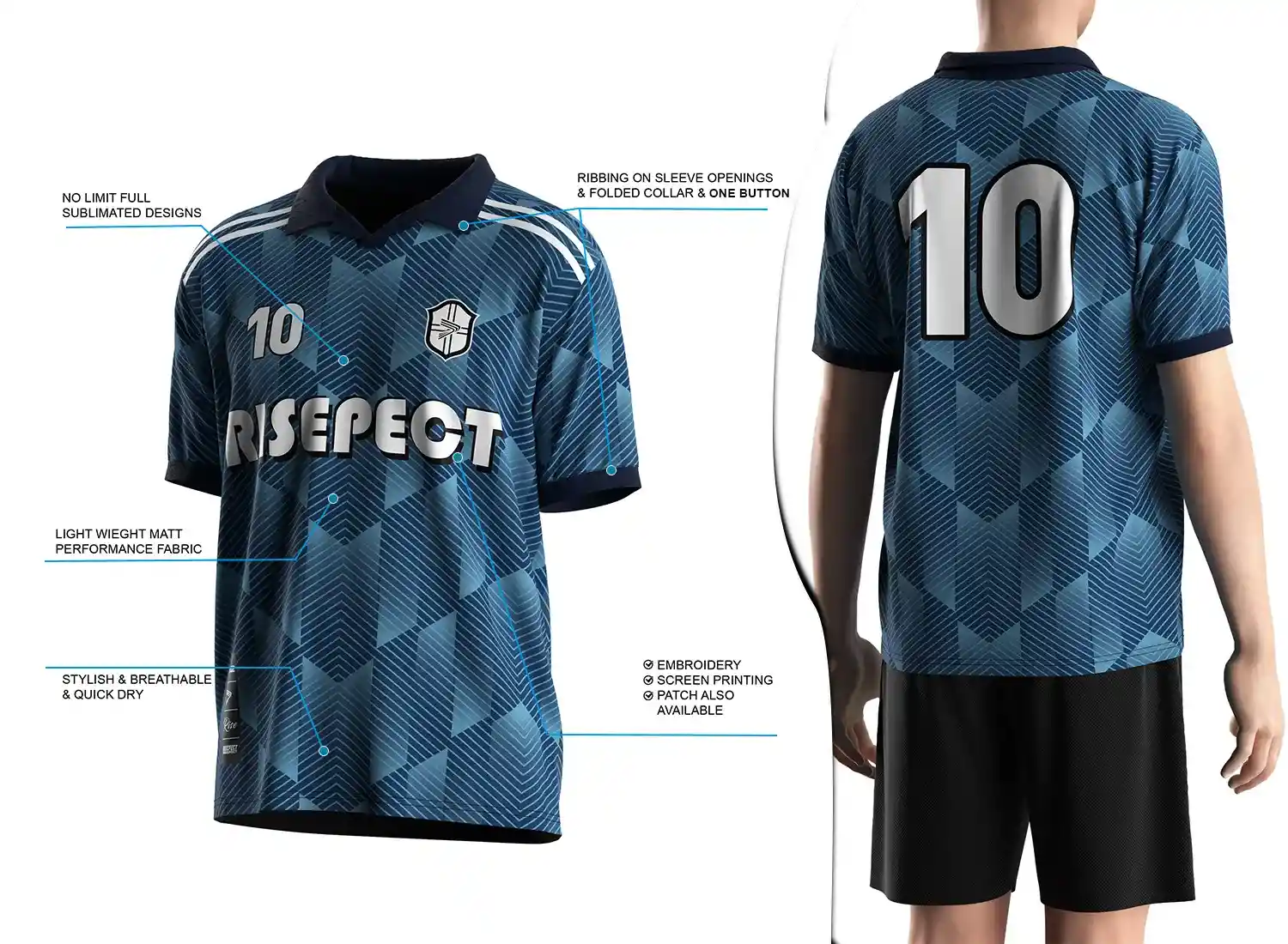 Vintage soccer jersey with a single-button ribbed polo collar design shown on the left with feature highlights, and a male model wearing the jersey from the back view on the right.