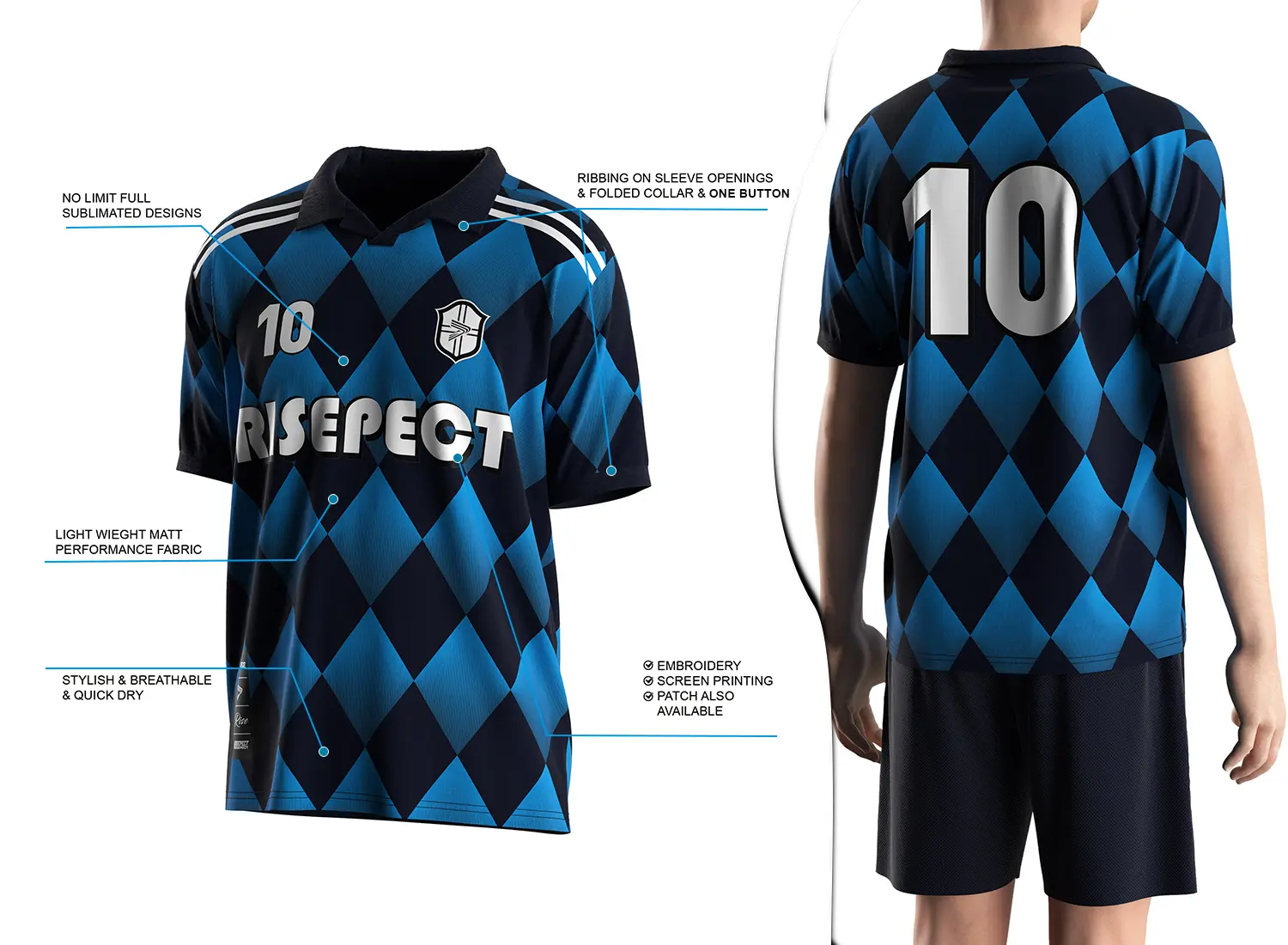 Vintage soccer jersey with a single-button ribbed polo collar design shown on the left with feature highlights, and a male model wearing the jersey from the back view on the right.