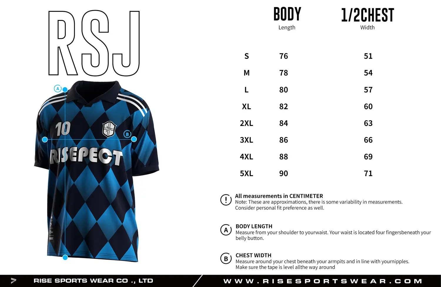 Adult size chart for the vintage soccer shirt style jersey with single-button & polo ribbed collar, displaying garment length and half-chest width measurements.