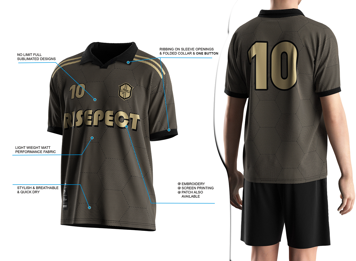 Vintage soccer jersey with a single-button ribbed polo collar design shown on the left with feature highlights, and a male model wearing the jersey from the back view on the right.