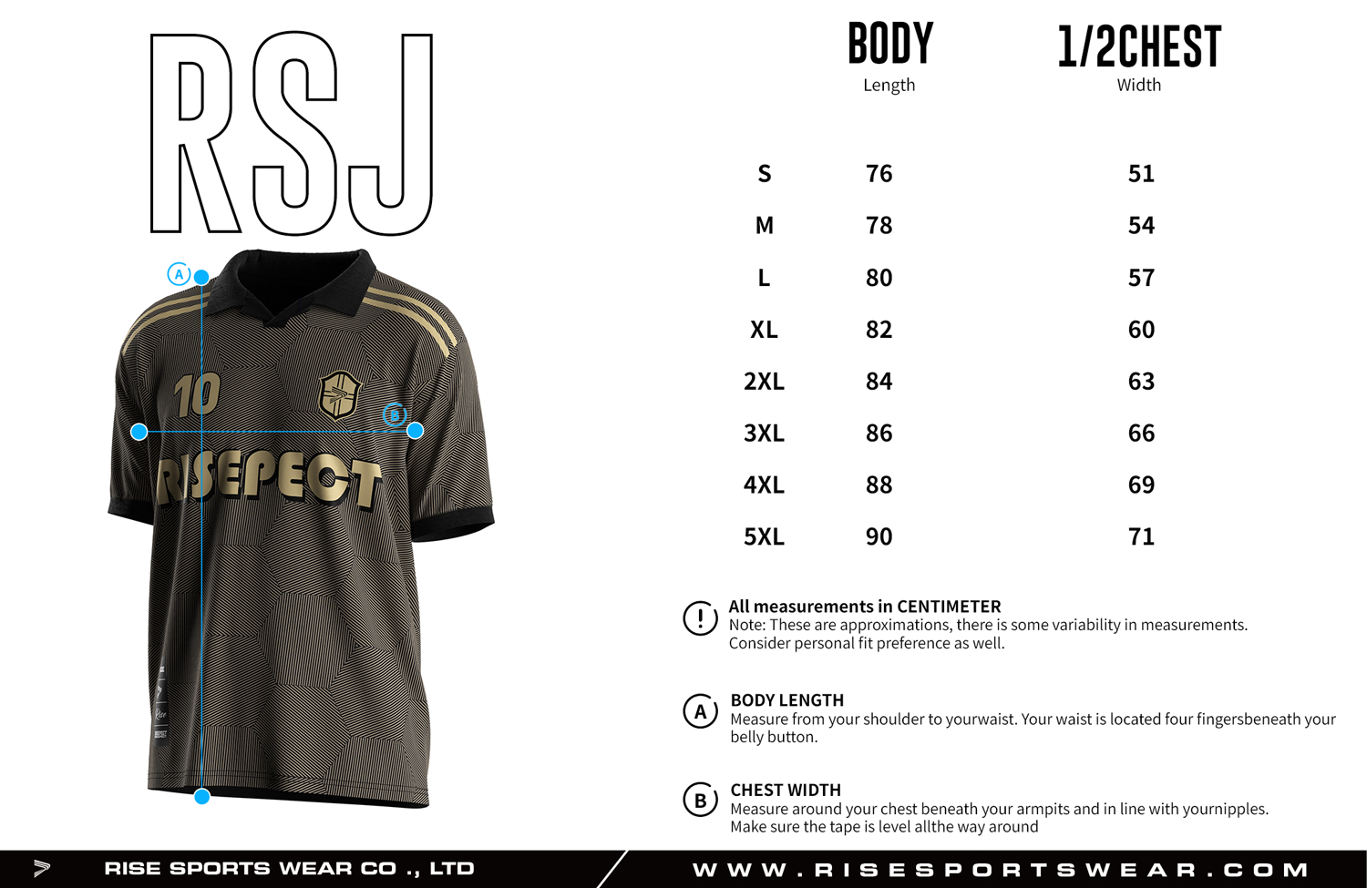 Adult size chart for the vintage soccer shirt style jersey with single-button & polo ribbed collar, displaying garment length and half-chest width measurements.