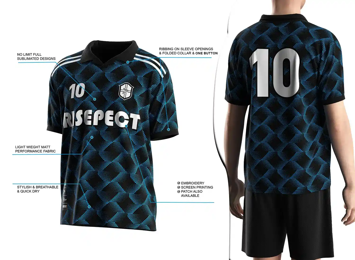 Vintage soccer jersey with a single-button ribbed polo collar design shown on the left with feature highlights, and a male model wearing the jersey from the back view on the right.