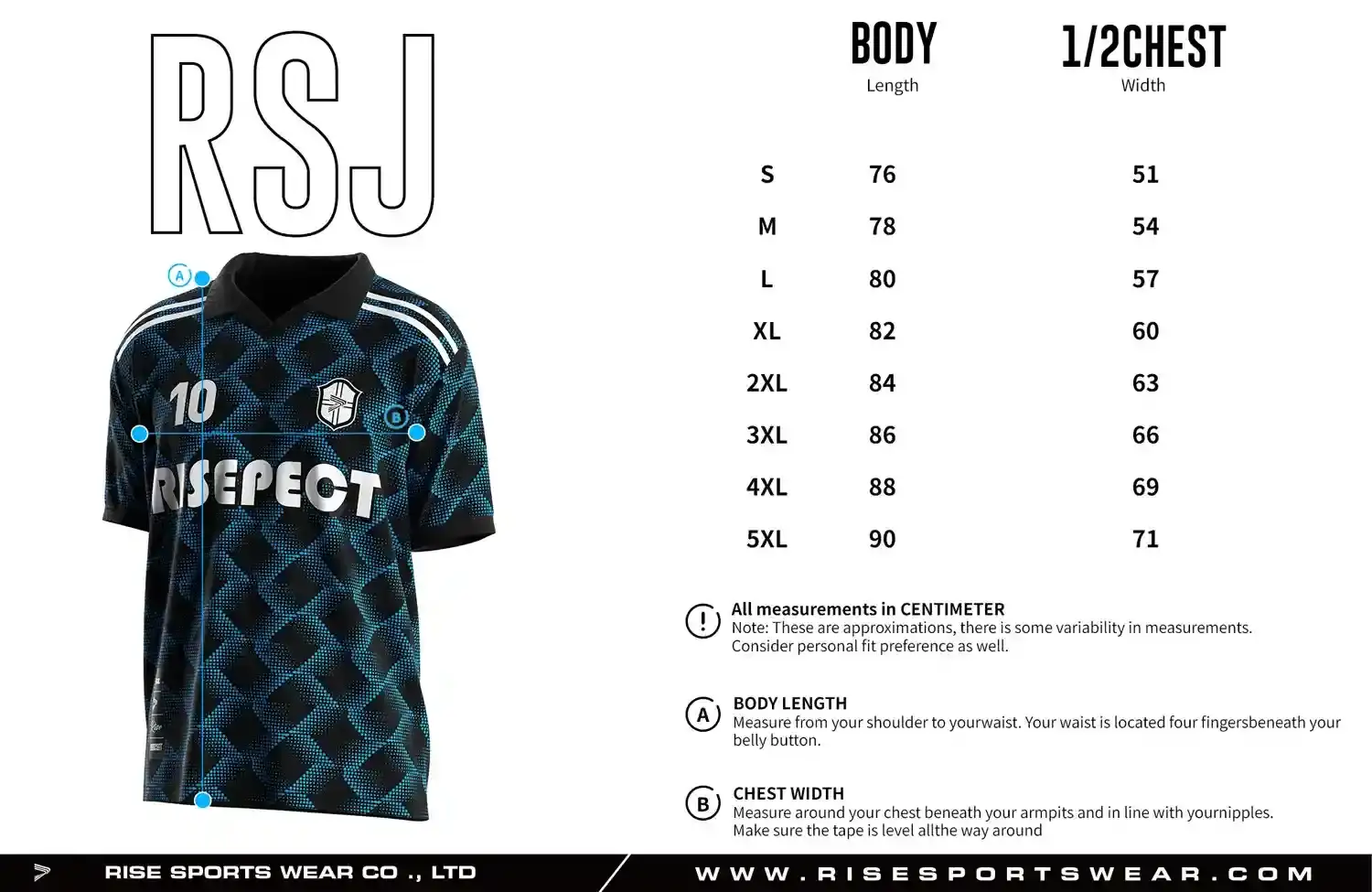 Adult size chart for the vintage soccer shirt style jersey with single-button & polo ribbed collar, displaying garment length and half-chest width measurements.
