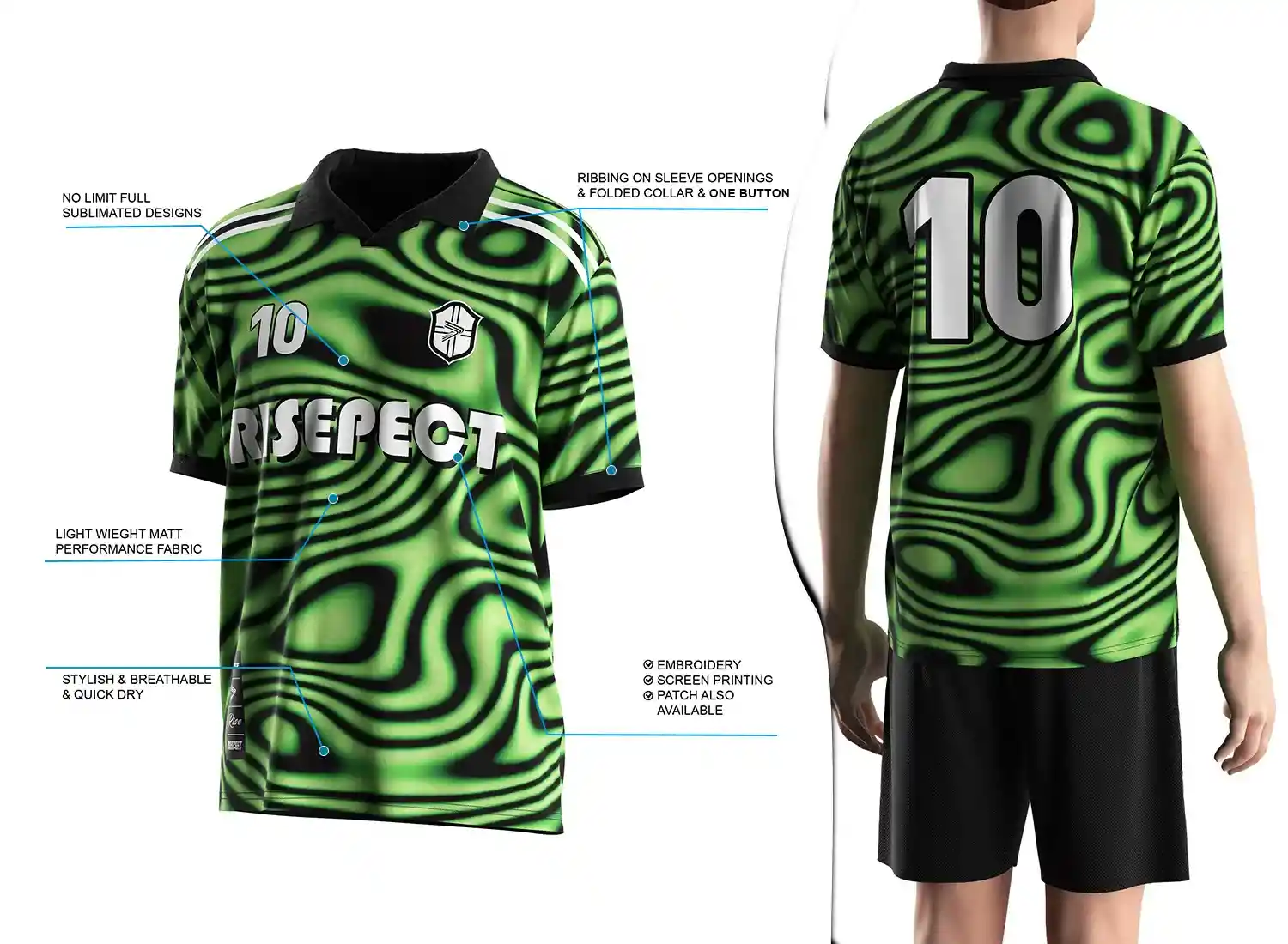 Vintage soccer jersey with a single-button ribbed polo collar design shown on the left with feature highlights, and a male model wearing the jersey from the back view on the right.