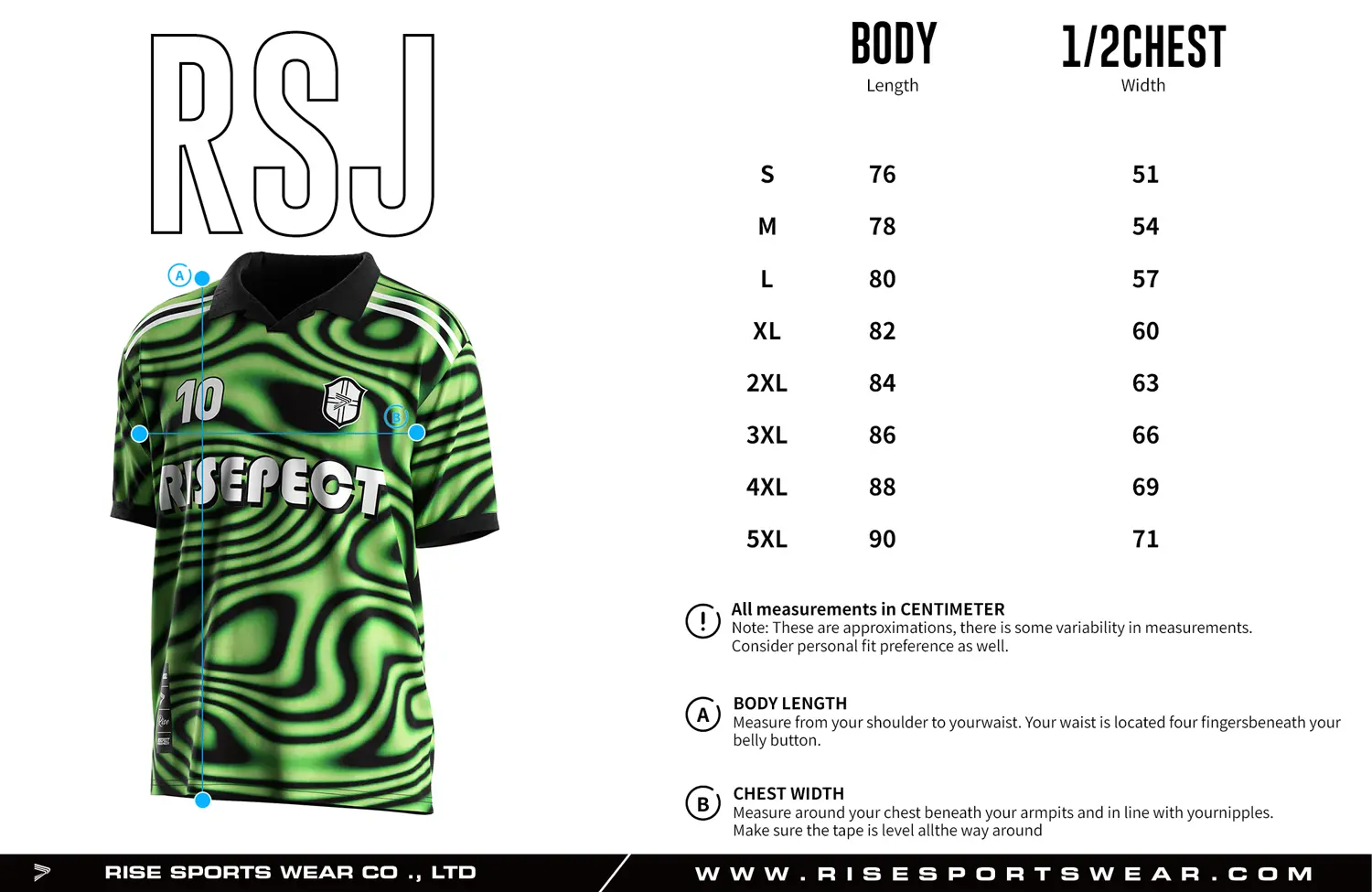 Adult size chart for the vintage soccer shirt style jersey with single-button & polo ribbed collar, displaying garment length and half-chest width measurements.