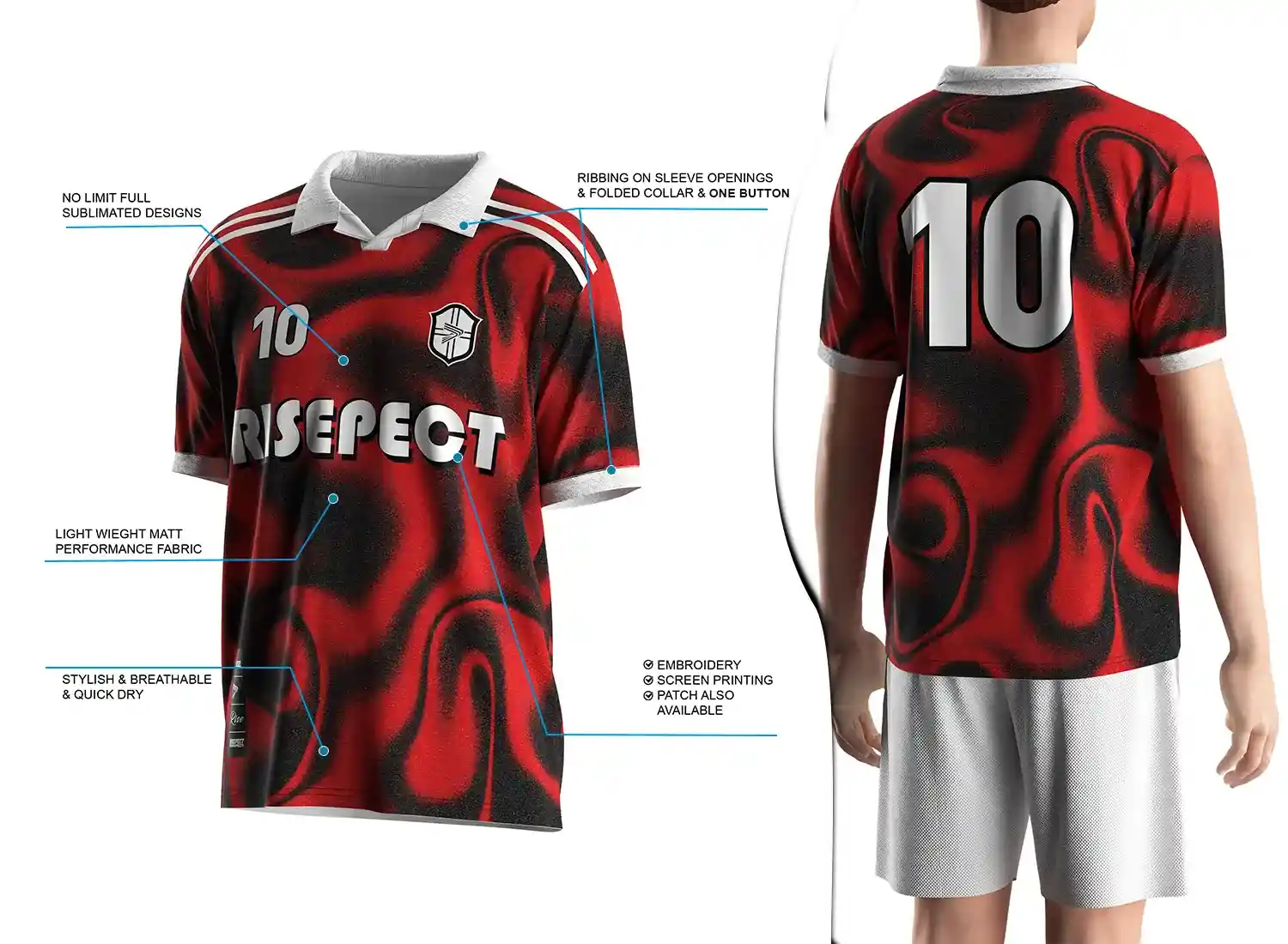 Vintage soccer jersey with a single-button ribbed polo collar design shown on the left with feature highlights, and a male model wearing the jersey from the back view on the right.