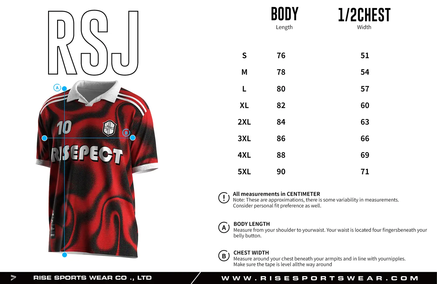 Adult size chart for the vintage soccer shirt style jersey with single-button & polo ribbed collar, displaying garment length and half-chest width measurements.