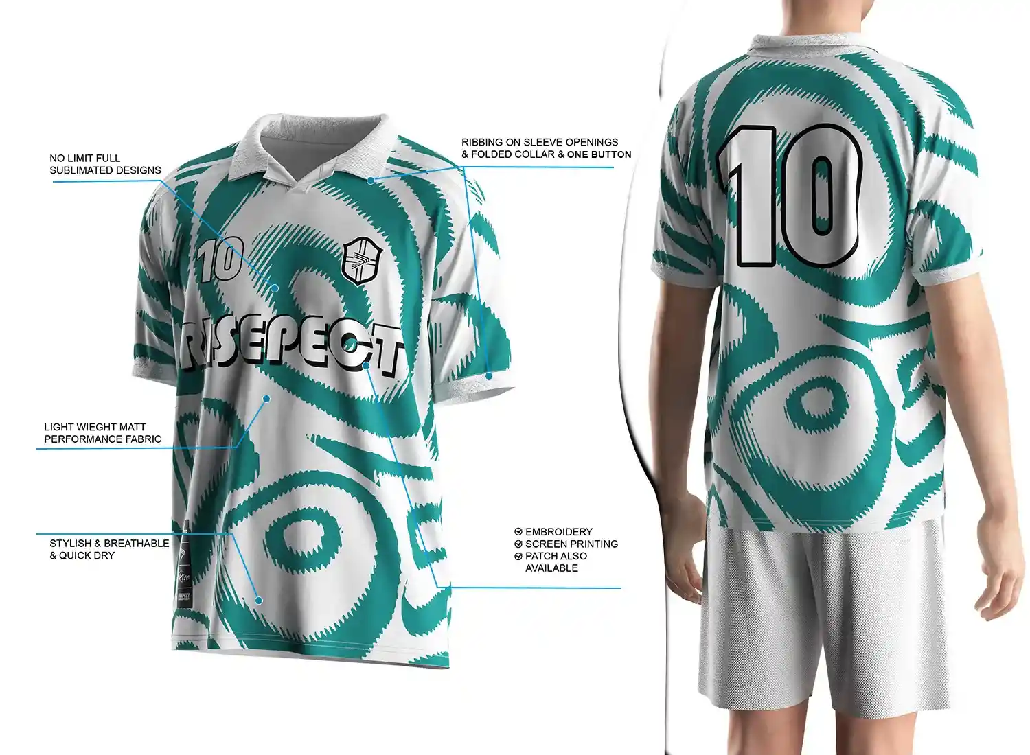 Vintage soccer jersey with a single-button ribbed polo collar design shown on the left with feature highlights, and a male model wearing the jersey from the back view on the right.