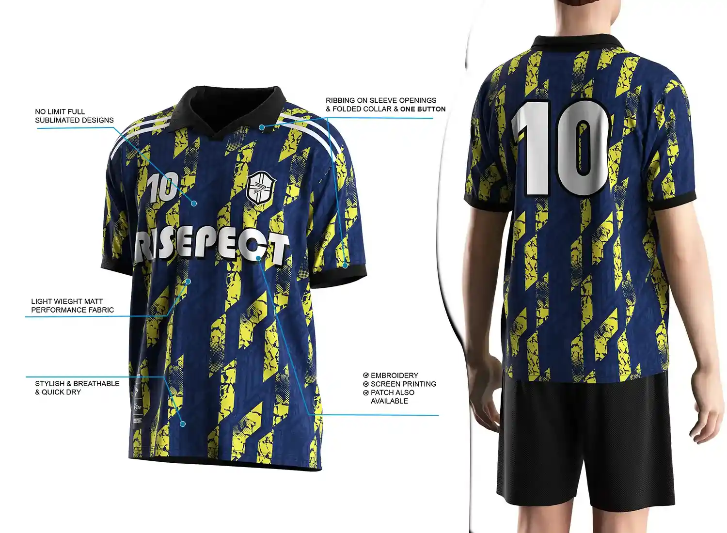 Vintage soccer jersey with a single-button ribbed polo collar design shown on the left with feature highlights, and a male model wearing the jersey from the back view on the right.