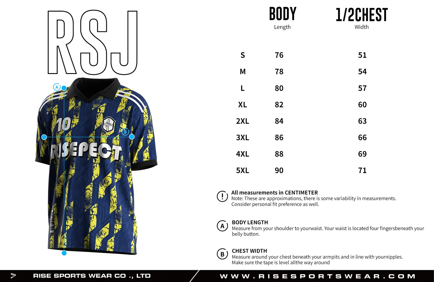 Adult size chart for the vintage soccer shirt style jersey with single-button & polo ribbed collar, displaying garment length and half-chest width measurements.