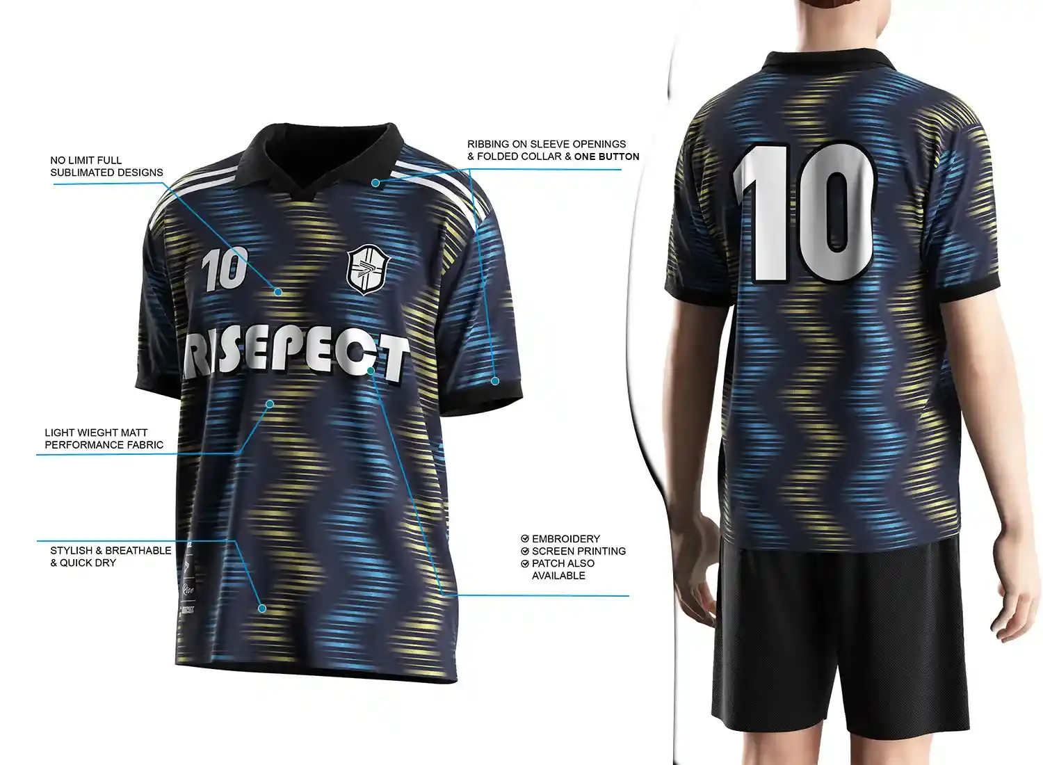 Vintage soccer jersey with a single-button ribbed polo collar design shown on the left with feature highlights, and a male model wearing the jersey from the back view on the right.