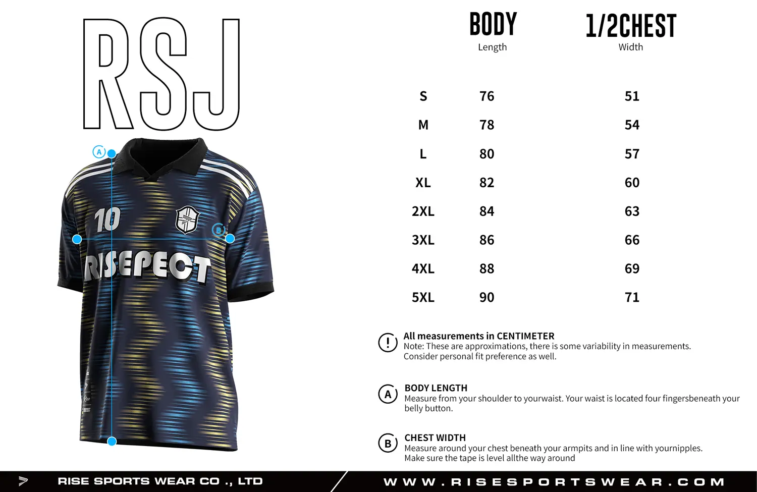 Adult size chart for the vintage soccer shirt style jersey with single-button & polo ribbed collar, displaying garment length and half-chest width measurements.