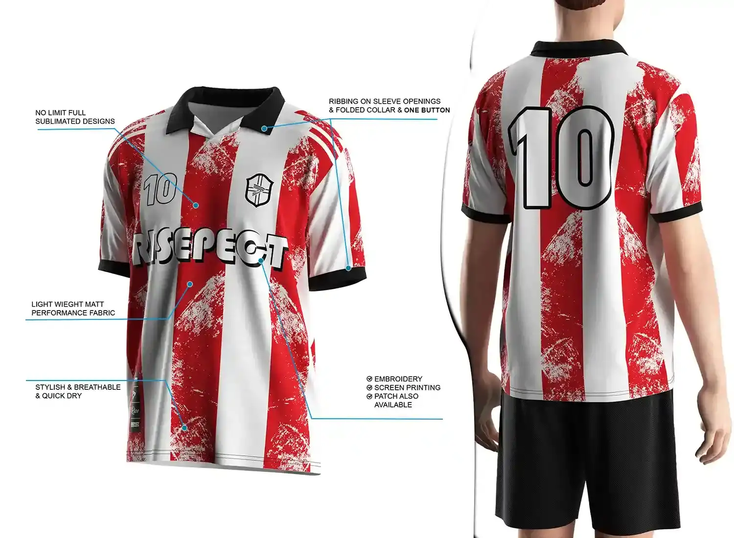 Vintage soccer jersey with a single-button ribbed polo collar design shown on the left with feature highlights, and a male model wearing the jersey from the back view on the right.