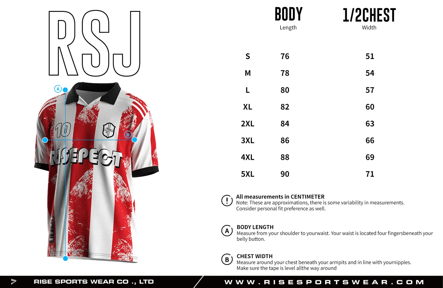 Adult size chart for the vintage soccer shirt style jersey with single-button & polo ribbed collar, displaying garment length and half-chest width measurements.