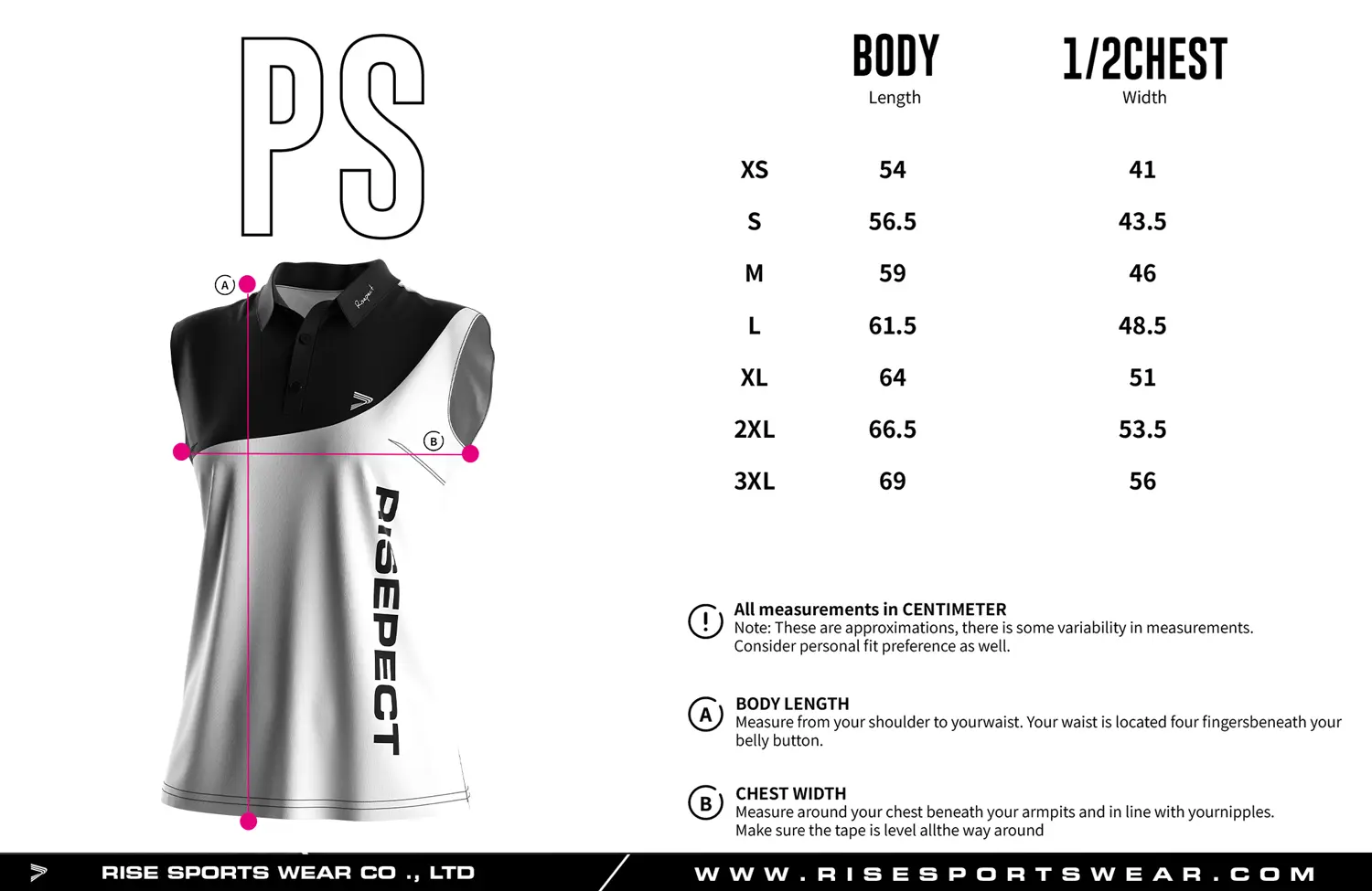 Sleeveless women's golf polo shirt size chart — measurements in cm from XS to 3XL including width and length