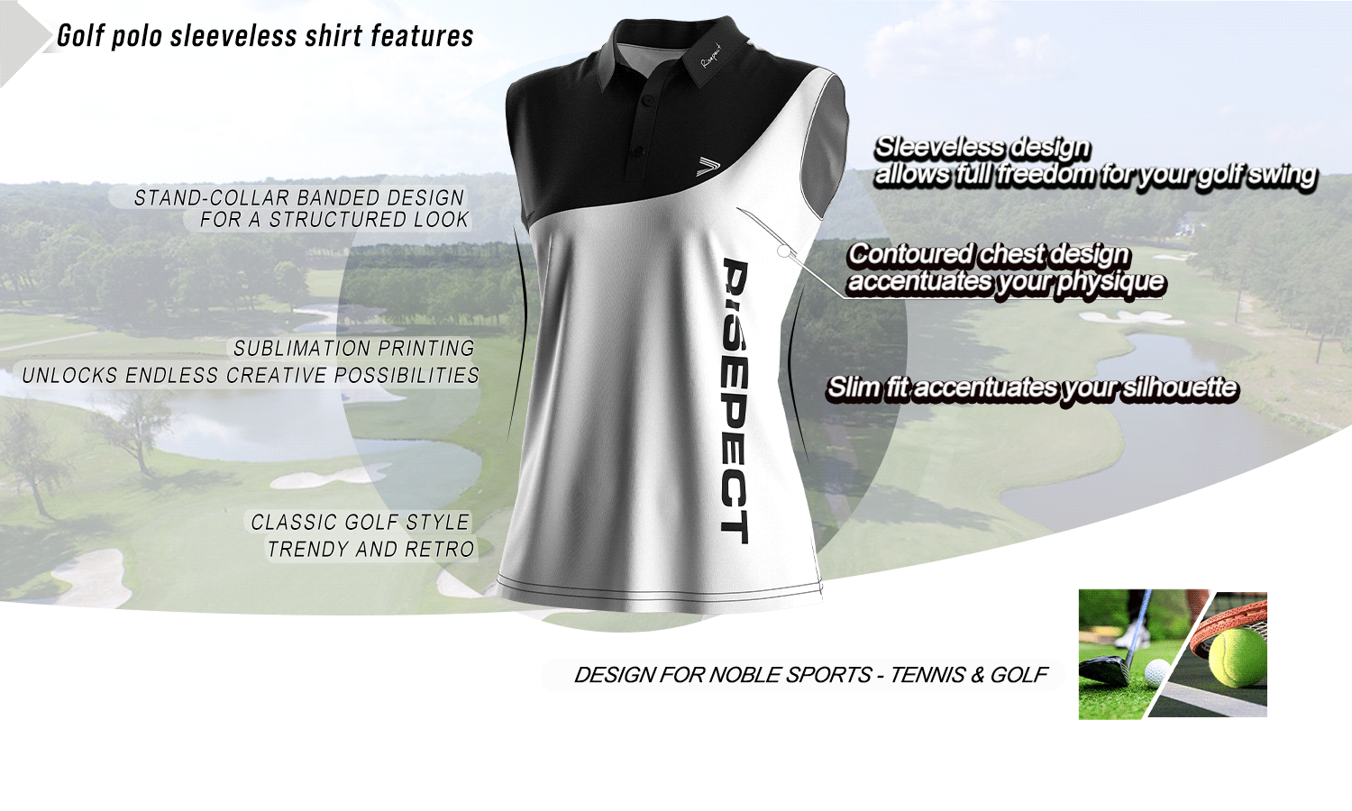 Feature graphic of a sleeveless women's golf polo shirt highlighting key benefits such as stand collar, slim fit, breathable fabric, and full-motion design; ideal for golf, tennis, and wholesale customization.