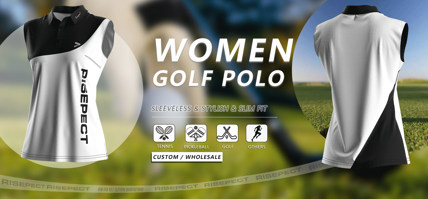 Sleeveless women's golf polo banner showing front and back views of the shirt, suitable for golf, tennis, pickleball, and other sports; ideal for custom branding and wholesale orders.