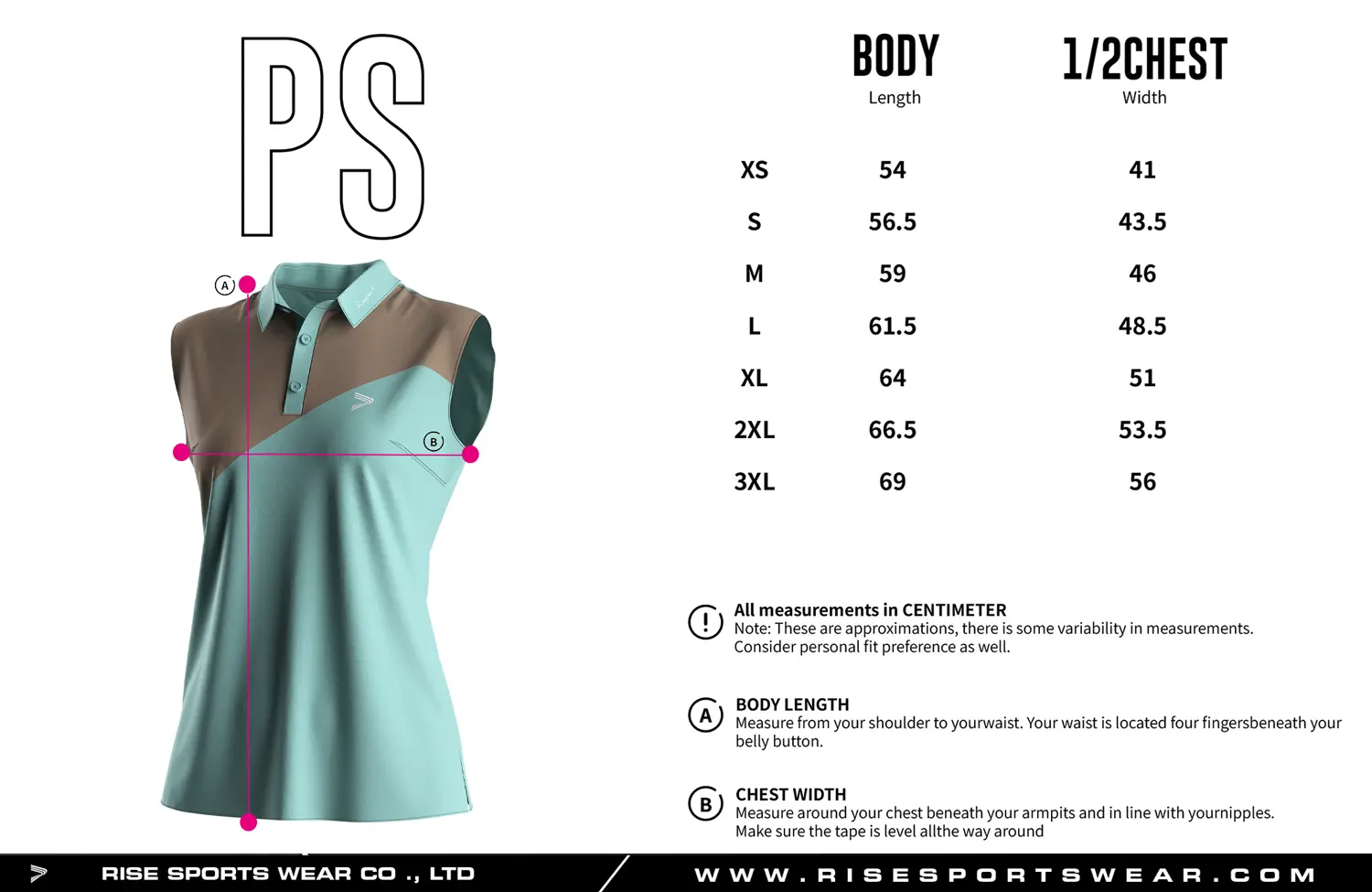 Sleeveless women's golf polo shirt size chart — measurements in cm from XS to 3XL including width and length