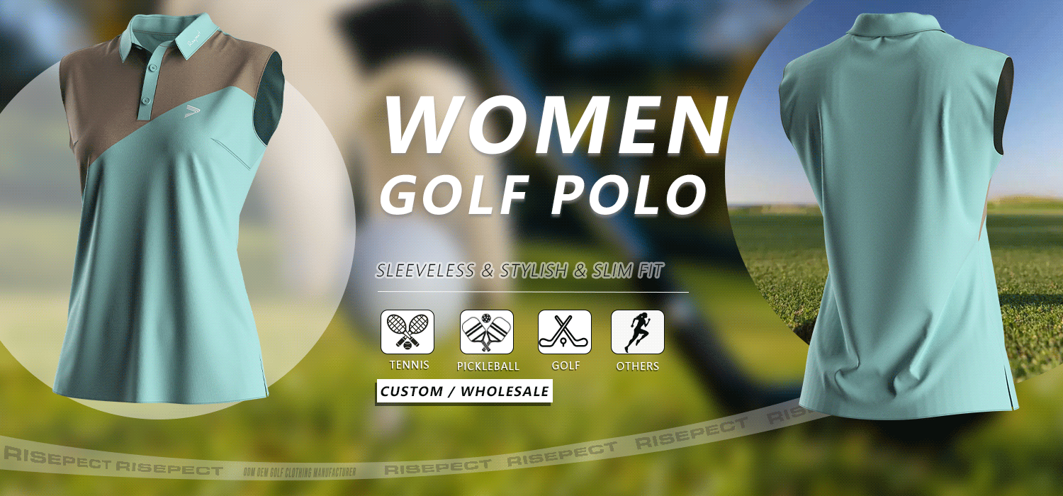 Sleeveless women's golf polo banner showing front and back views of the shirt, suitable for golf, tennis, pickleball, and other sports; ideal for custom branding and wholesale orders.