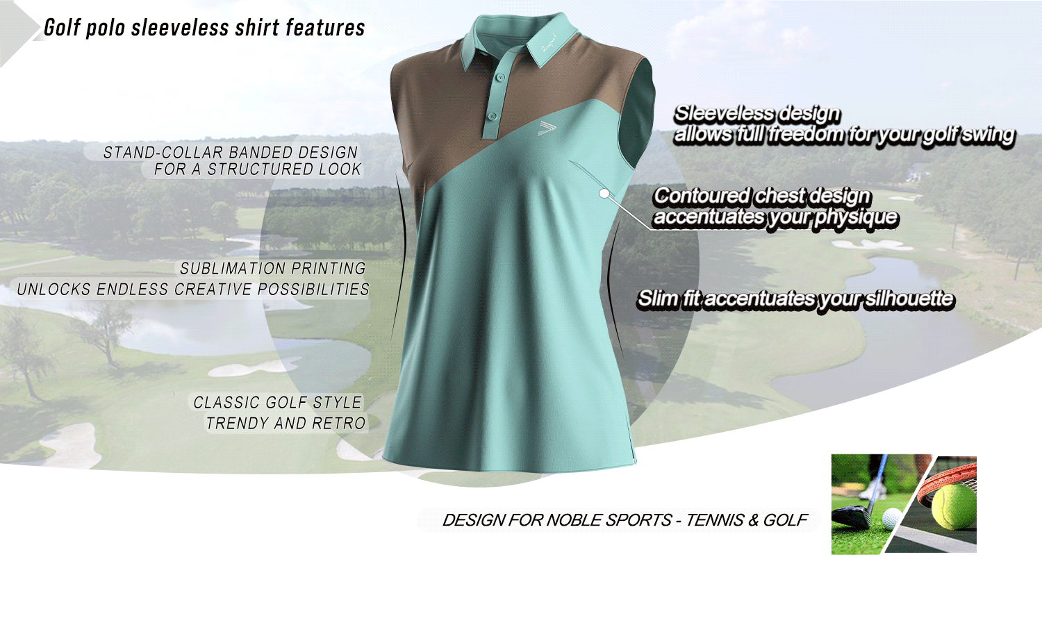 Feature graphic of a sleeveless women's golf polo shirt highlighting key benefits such as stand collar, slim fit, breathable fabric, and full-motion design; ideal for golf, tennis, and wholesale customization.