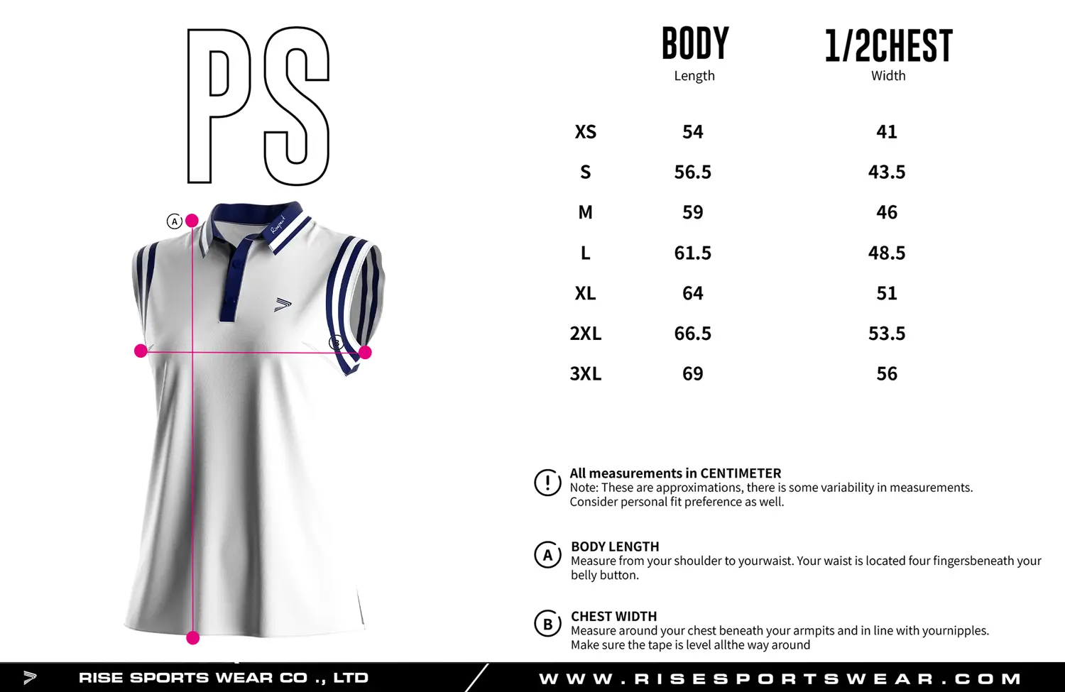 White women's golf polo sleeveless shirt size chart — measurements in cm from XS to 3XL including width and length