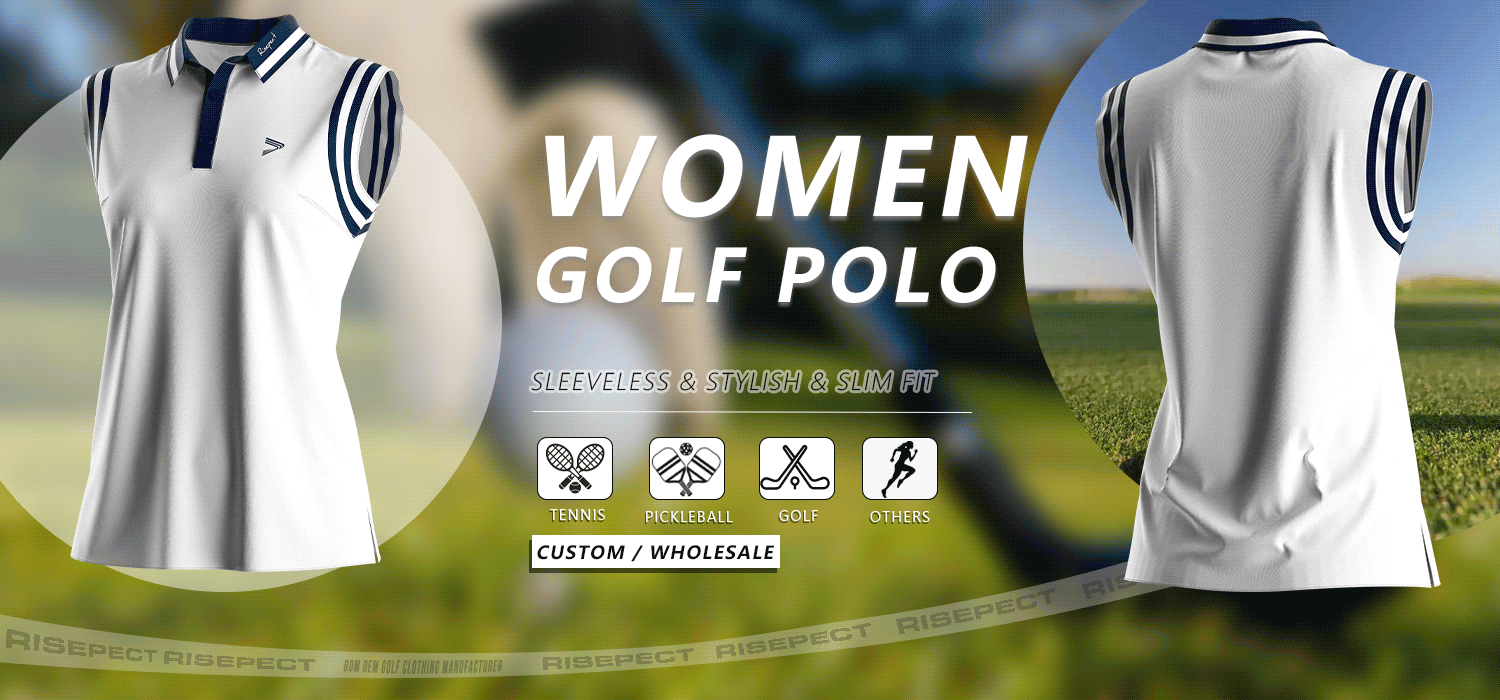 Sleeveless women's golf polo banner showing front and back views of the shirt, suitable for golf, tennis, pickleball, and other sports; ideal for custom branding and wholesale orders.