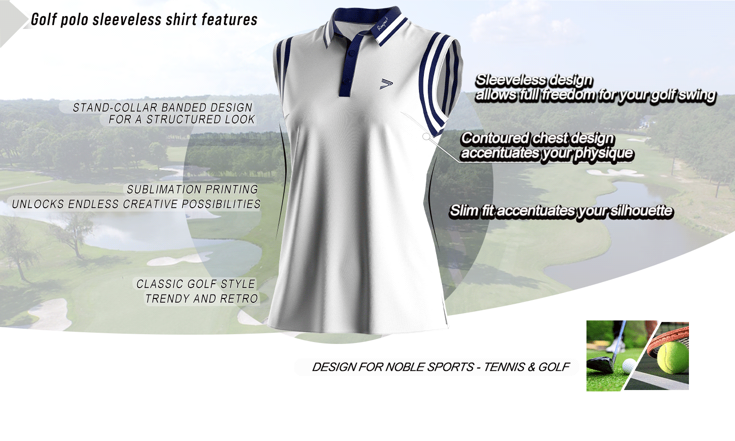 Feature graphic of a sleeveless women's golf polo shirt highlighting key benefits such as stand collar, slim fit, breathable fabric, and full-motion design; ideal for golf, tennis, and wholesale customization.
