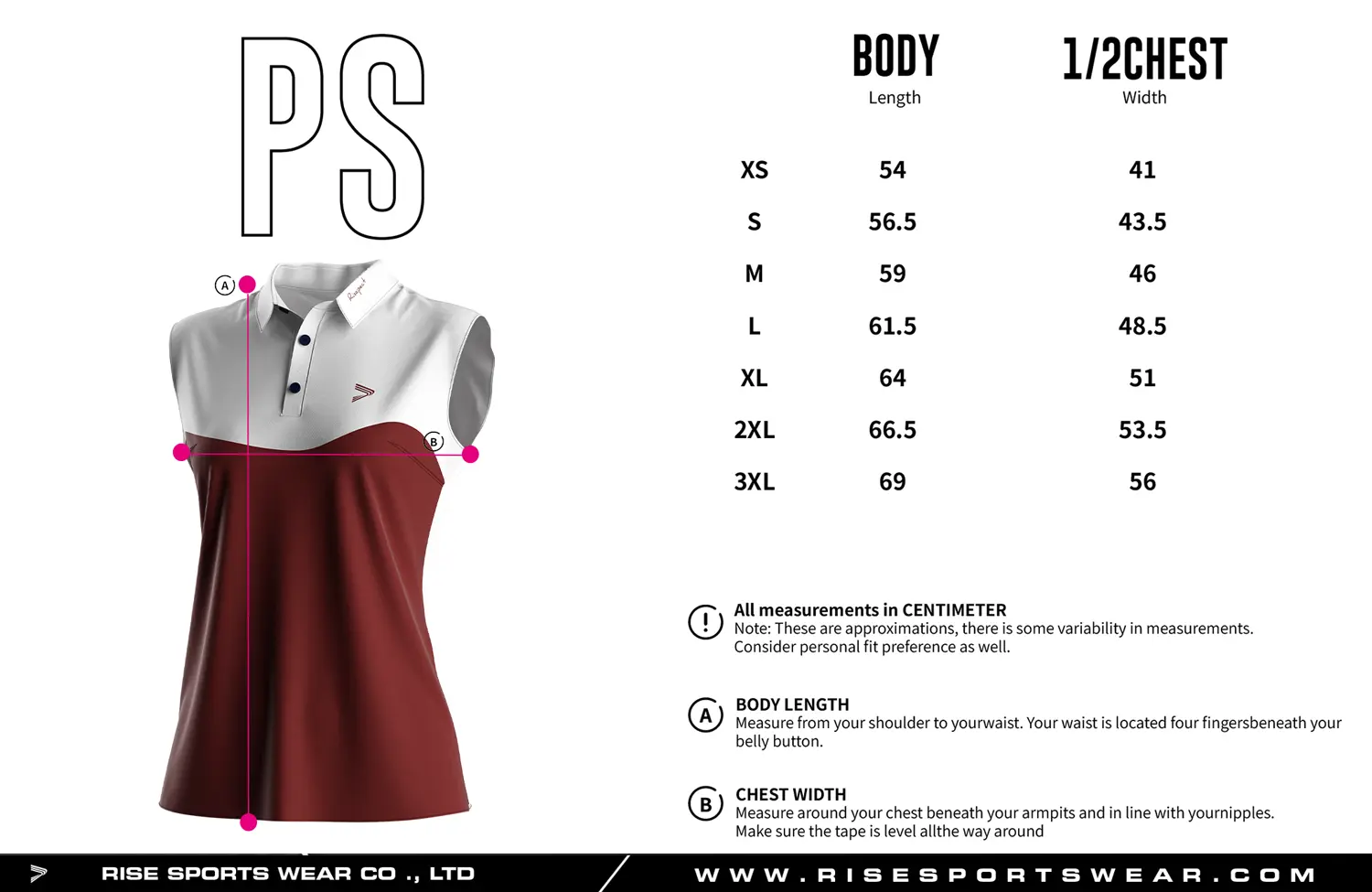 Sleeveless women's golf polo shirt size chart — measurements in cm from XS to 3XL including width and length