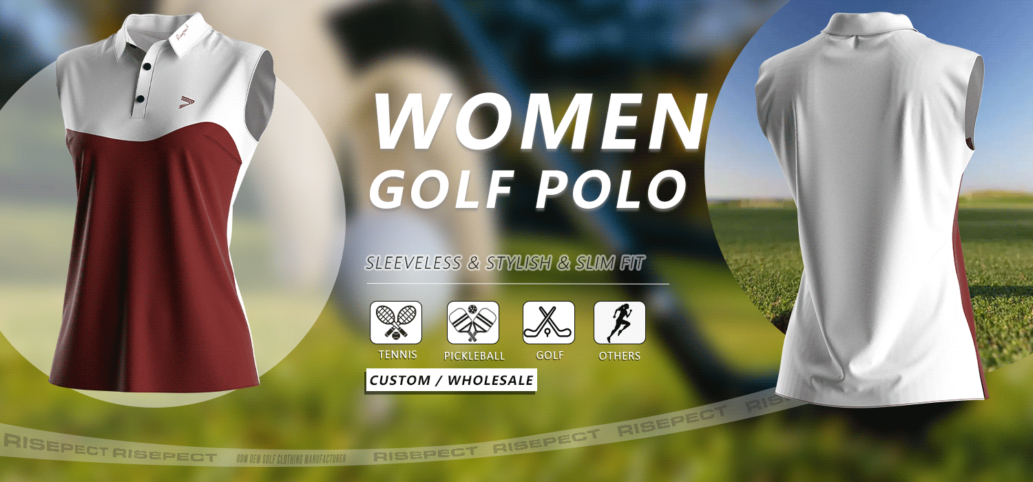 Sleeveless women's golf polo banner showing front and back views of the shirt, suitable for golf, tennis, pickleball, and other sports; ideal for custom branding and wholesale orders.