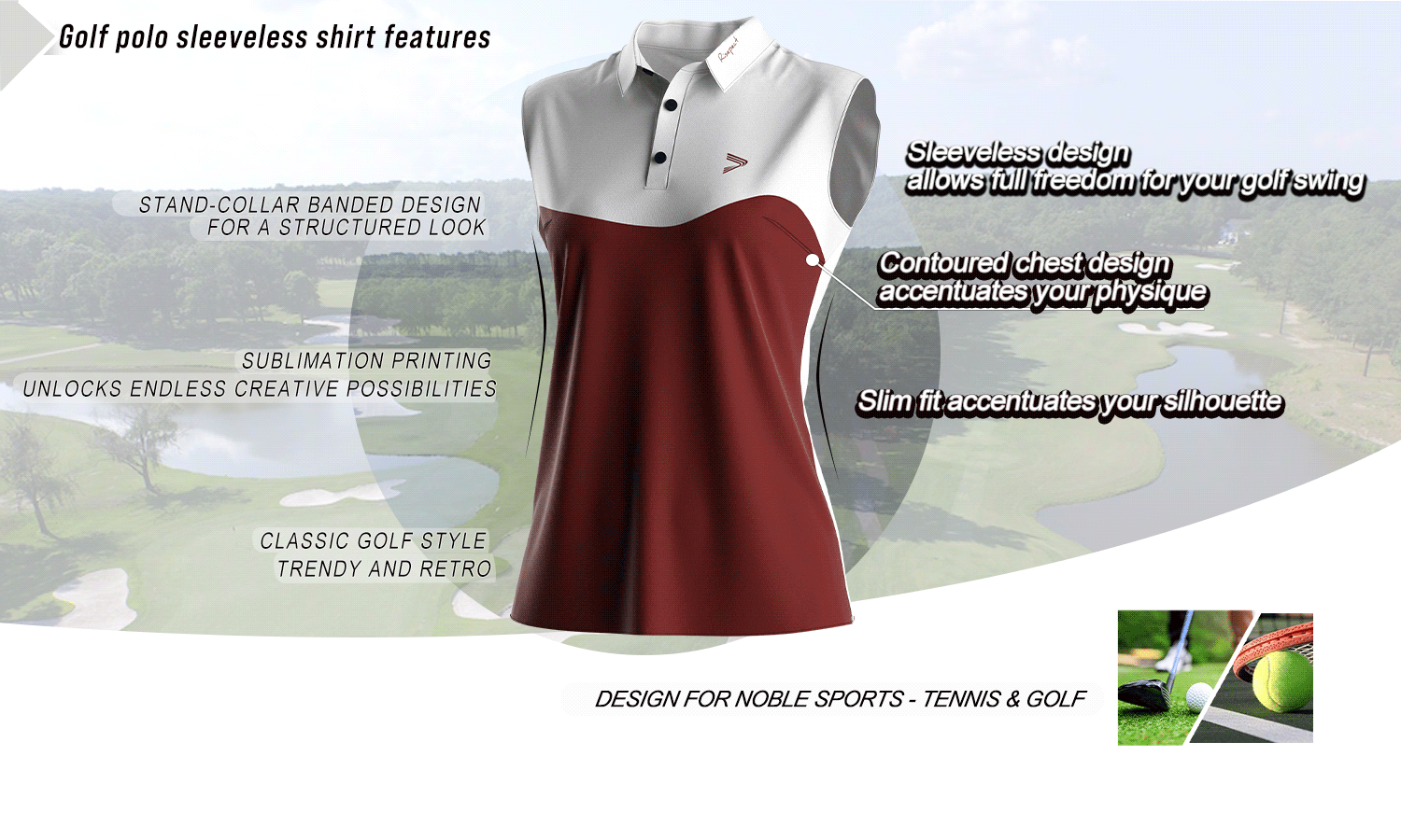 Feature graphic of a sleeveless women's golf polo shirt highlighting key benefits such as stand collar, slim fit, breathable fabric, and full-motion design; ideal for golf, tennis, and wholesale customization.