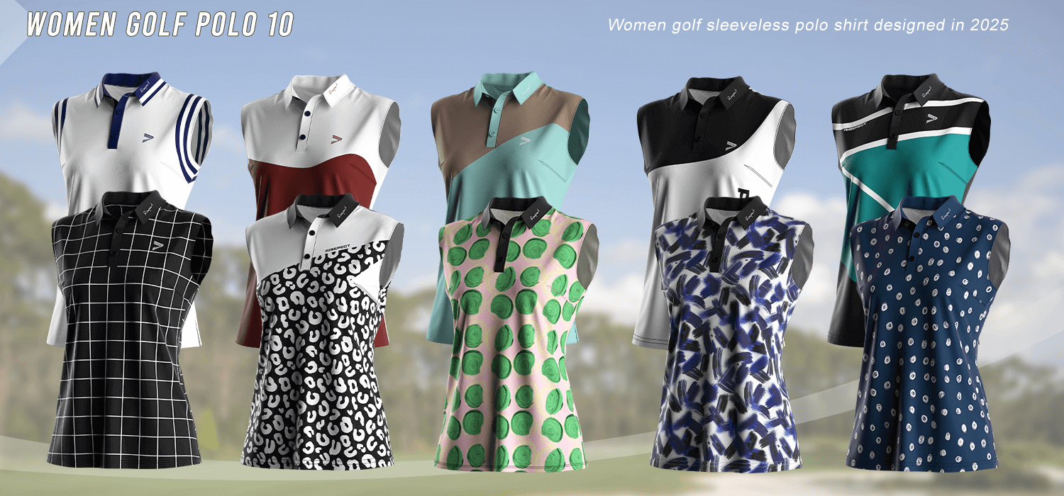 Women's golf polo sleeveless shirts in ten sublimation print designs, displayed in two row.