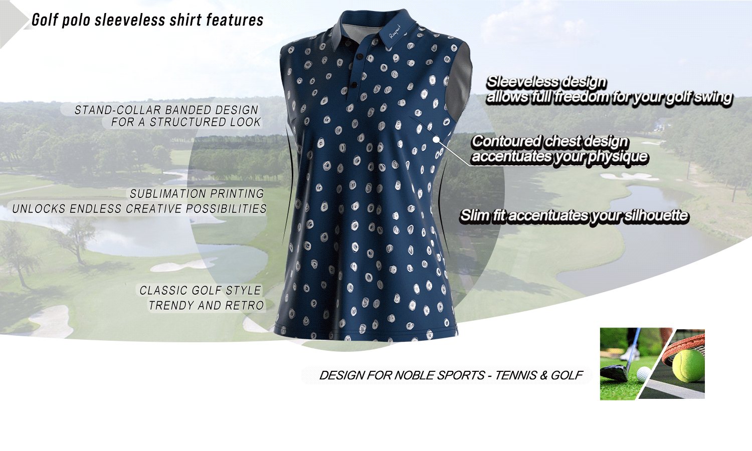 Feature graphic of a sleeveless women's golf polo shirt highlighting key benefits such as stand collar, slim fit, breathable fabric, and full-motion design; ideal for golf, tennis, and wholesale customization.