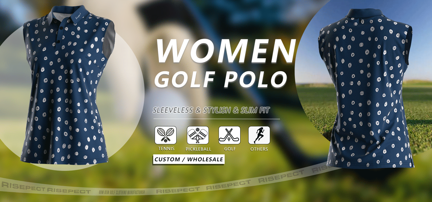 Sleeveless women's golf polo banner showing front and back views of the shirt, suitable for golf, tennis, pickleball, and other sports; ideal for custom branding and wholesale orders.