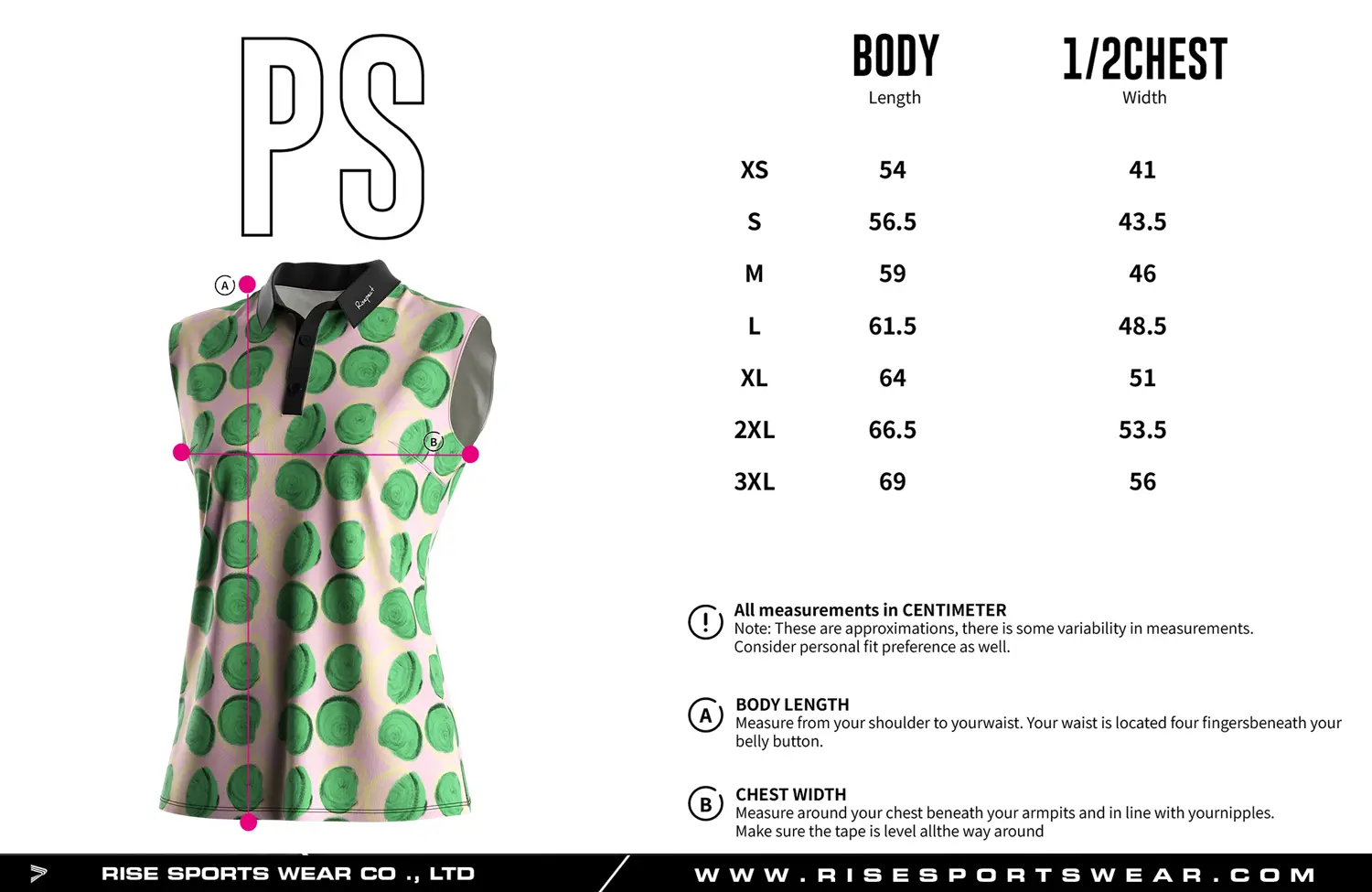 Sleeveless women's golf polo shirt size chart — measurements in cm from XS to 3XL including width and length