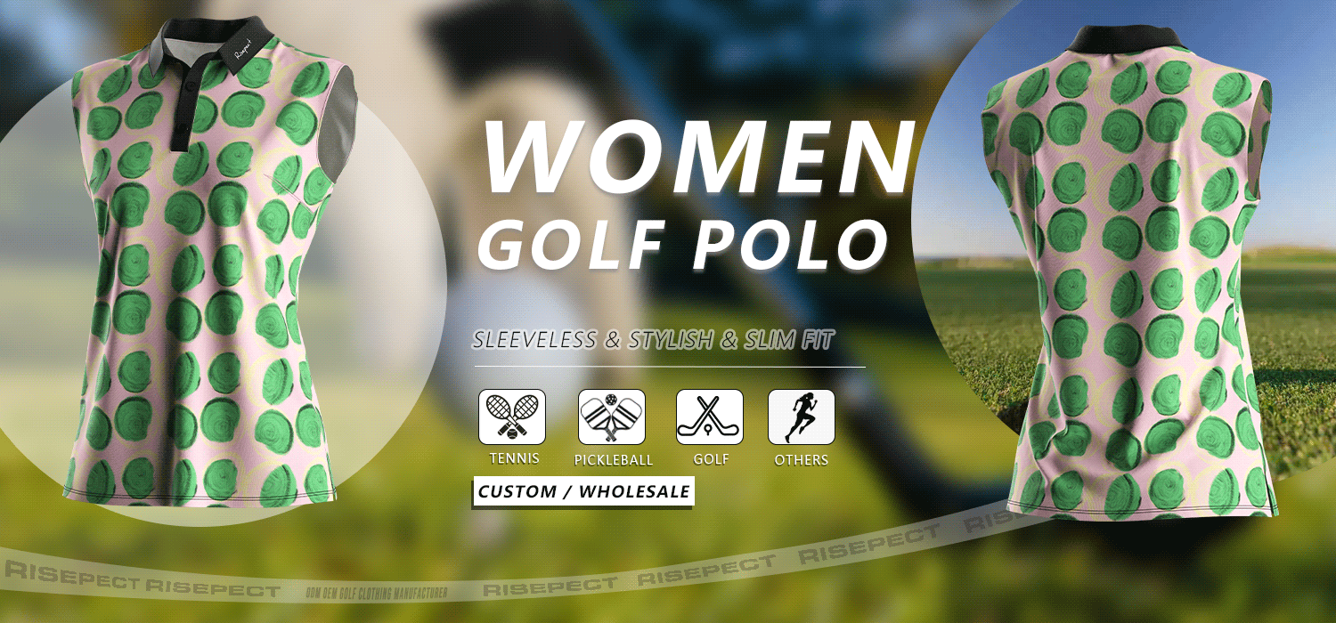Sleeveless women's golf polo banner showing front and back views of the shirt, suitable for golf, tennis, pickleball, and other sports; ideal for custom branding and wholesale orders.