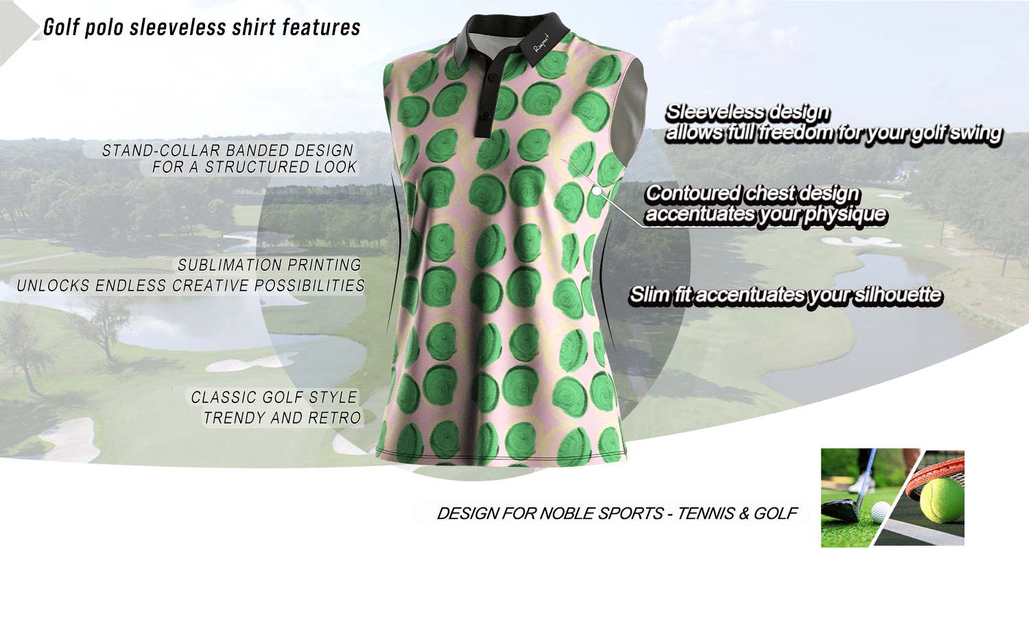 Feature graphic of a sleeveless women's golf polo shirt highlighting key benefits such as stand collar, slim fit, breathable fabric, and full-motion design; ideal for golf, tennis, and wholesale customization.
