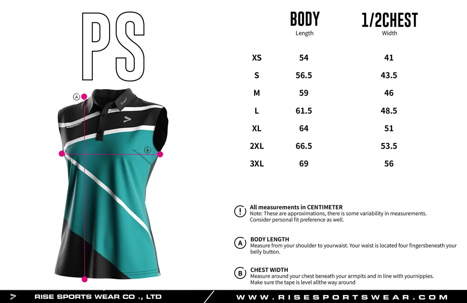 Sleeveless women's golf polo shirt size chart — measurements in cm from XS to 3XL including width and length