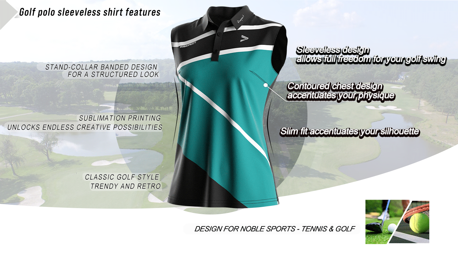 Feature graphic of a sleeveless women's golf polo shirt highlighting key benefits such as stand collar, slim fit, breathable fabric, and full-motion design; ideal for golf, tennis, and wholesale customization.